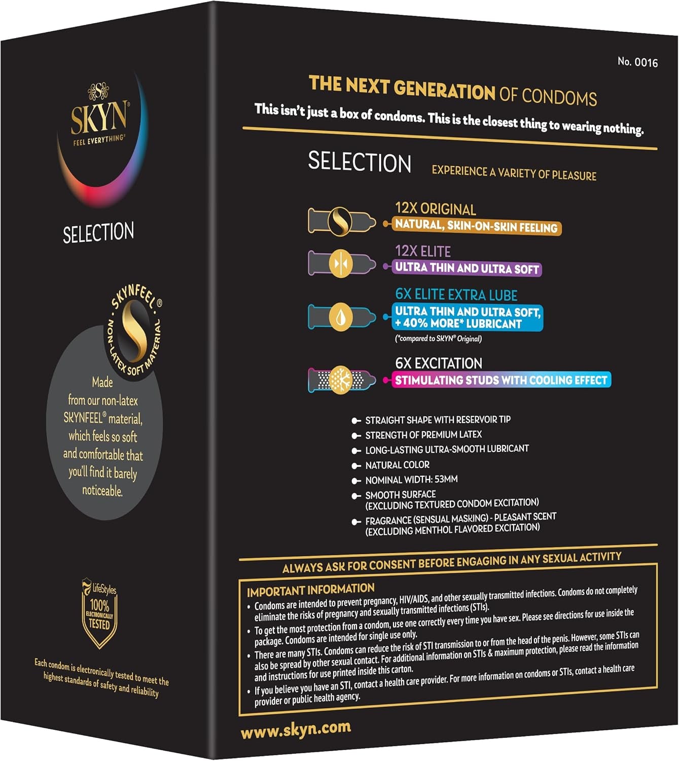 Selection Non-Latex Condoms, Regular Fit Variety Pack Contains Elite, Original, Excitation, Extra Lube, Condoms, 36 Count
