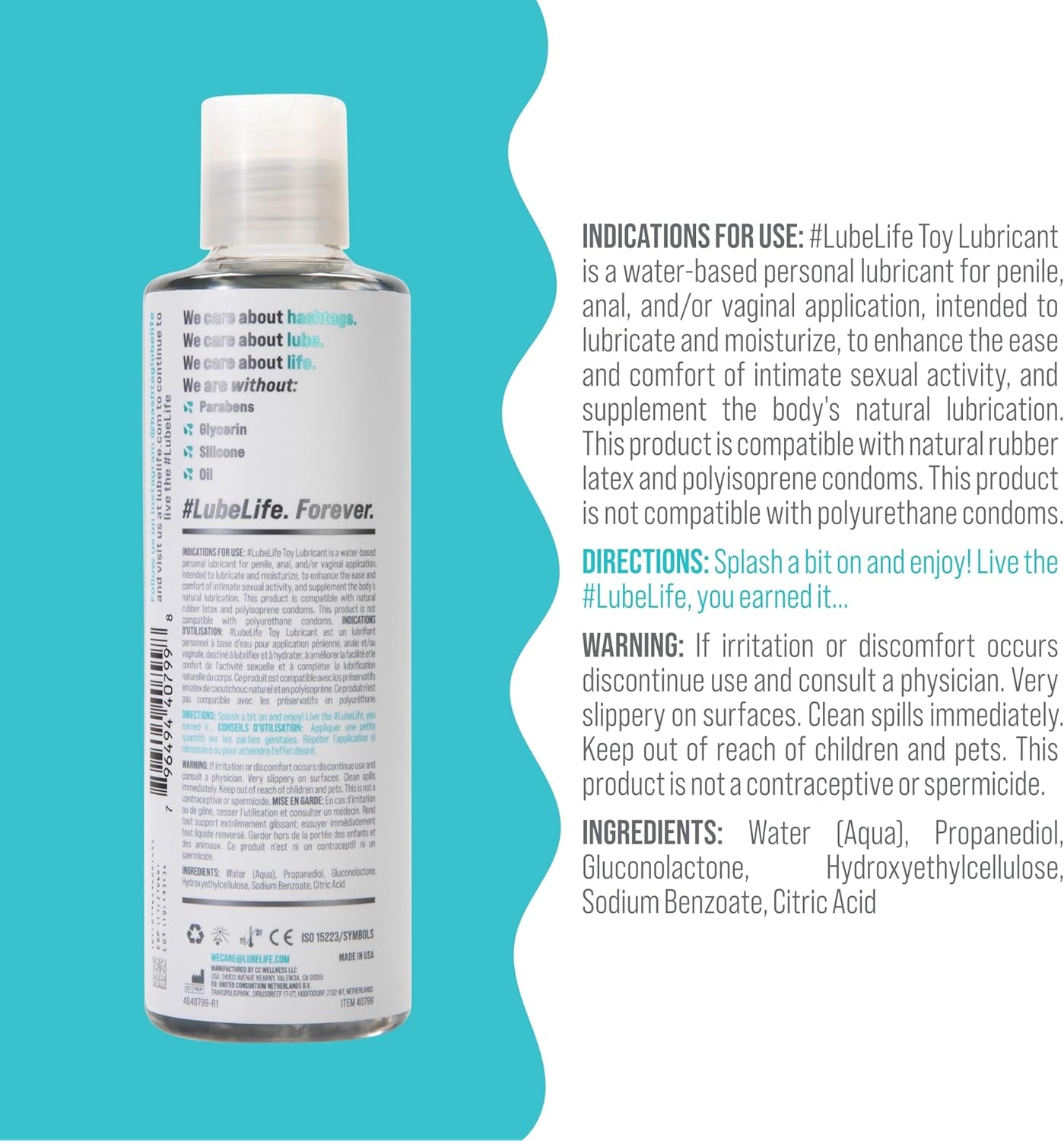 Lubelife Water Based Lube – Toy-Safe Personal Lubricant for Men, Women & Couples, Travel Size, Non-Staining, Easy Clean-Up, 8 Fl Oz