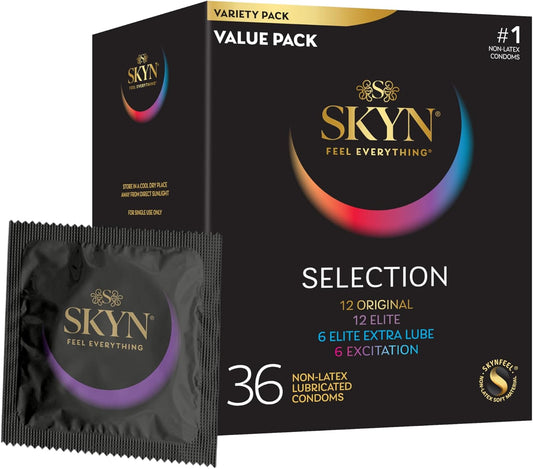 Selection Non-Latex Condoms, Regular Fit Variety Pack Contains  Elite, Original, Excitation, Extra Lube, Condoms, 36 Count