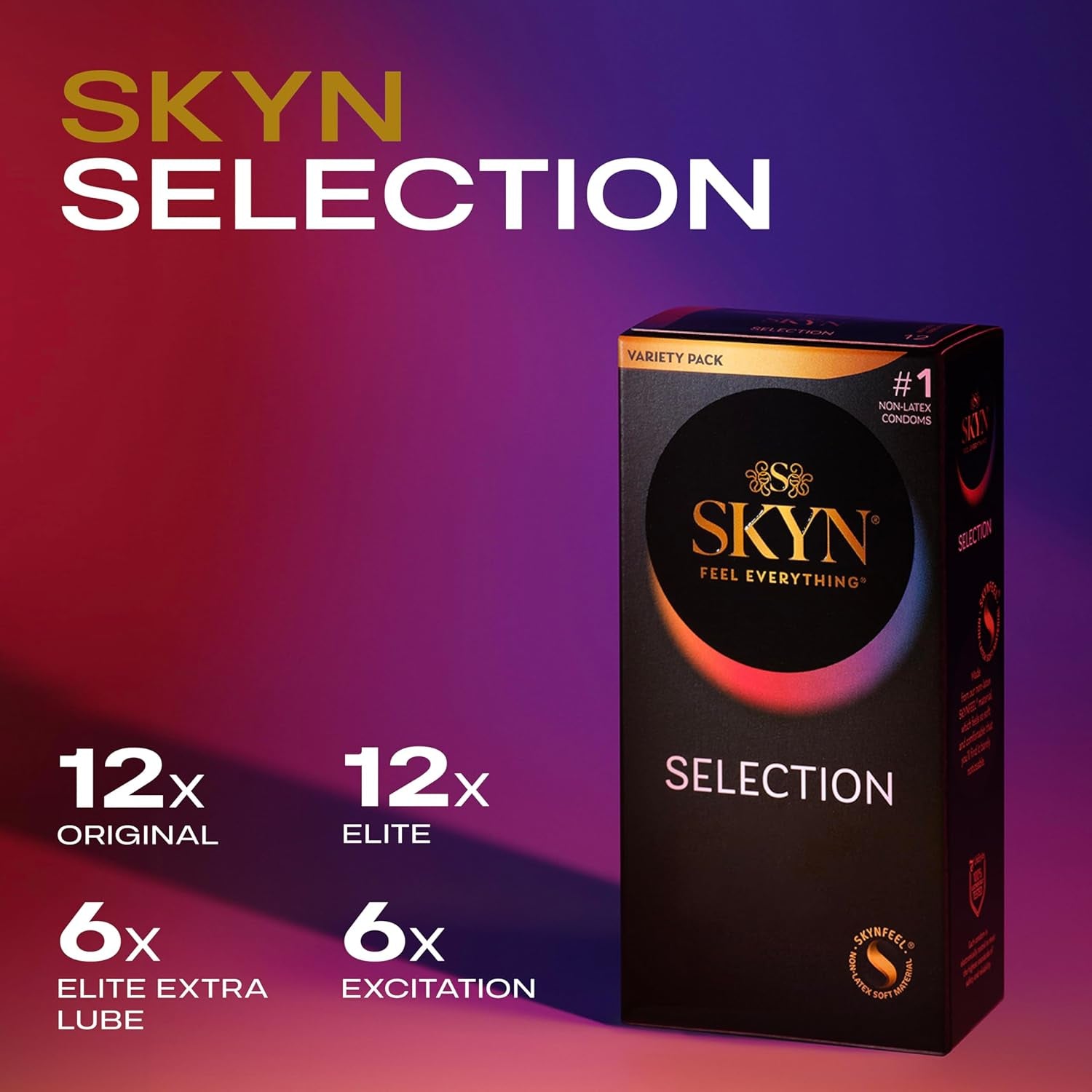 Selection Non-Latex Condoms, Regular Fit Variety Pack Contains  Elite, Original, Excitation, Extra Lube, Condoms, 36 Count