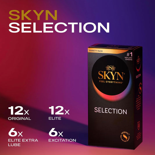Selection Non-Latex Condoms, Regular Fit Variety Pack Contains  Elite, Original, Excitation, Extra Lube, Condoms, 36 Count